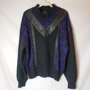 Saxony Vintage 80'-90's Genuine leather trim Sweater